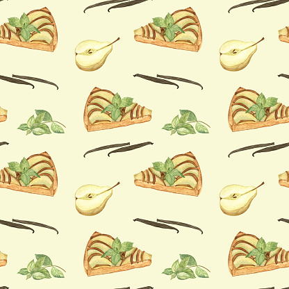 Watercolor food illustration designed as a seamless pattern; perfect for fabric, home textile, wrapping paper, stationery, cookbooks decor and more
