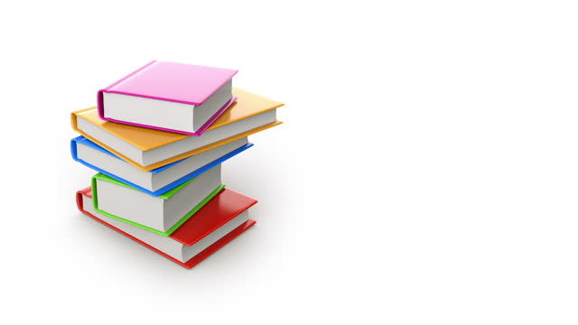 Appearing and disappearing stack of bright colored books on a white background
