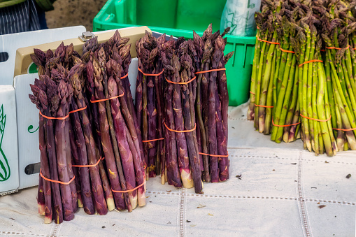 bundles of purple and green asparagus at the farmer's market