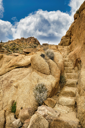 Rough-hewn steps in the eroded rocks on the walking track near Mastodon Peak, in Joshua Tree National park, Mojave Desert, California, USA