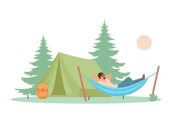 Vector illustration of Tourists camping concept. Camper man character relaxing in hammock near touristic tent in forest. Summer vocation.