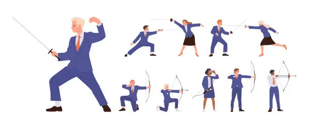 Vector illustration of Businesspeople cartoon characters big set fighting with sword weapon, aiming with bow and arrow