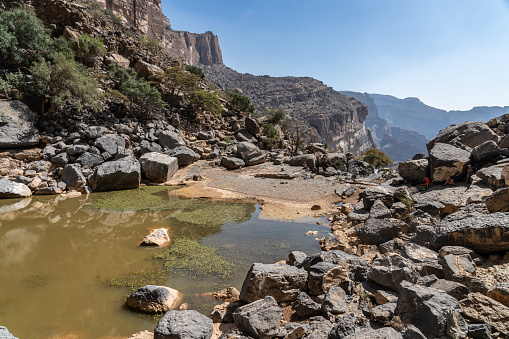 Small group of tourists at small lagoon at Balcony walk above Wadi Nakhar, Jabal Shams, Oman