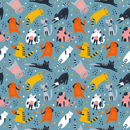 Seamless cute pattern with different funny cats. Creative childish texture. Great for fabric, textile Vector Illustration on blue background