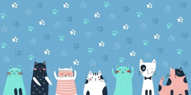 Vector illustration of Seamless pattern with cute and funny cats, laying, hiding in box. Flat cartoon style. Vector illustration. For packaging paper, textile blue background