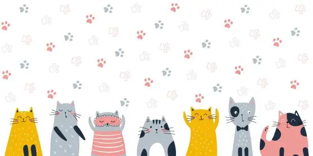 Vector illustration of Seamless pattern with cute and funny cats, laying, hiding in box. Flat cartoon style. Vector illustration. For packaging paper, textile white background