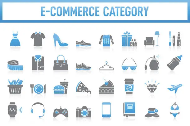 Vector illustration of Modern E-Commerce Category Icons Collection. The set contains icons: E-commerce, Online Shopping, Shopping, Delivering, Store, Fashion, Clothing, Jewelry, Food, Fast Food, Supermarket, Electronic