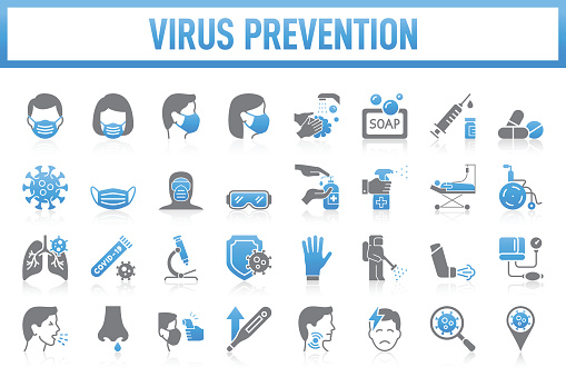 Virus Prevention Flat Icon Set. Set of vector creativity icons. 64x64 Pixel Perfect. For Mobile and Web. Idea generation preparation inspiration influence originality, concentration challenge launch. Contains such icons as Coronavirus, COVID-19, Protective Face Mask, Healthcare And Medicine, Symptom, Illness, Pandemic - Illness, Medical Exam, Virus, Prevention, Protection, Cold And Flu