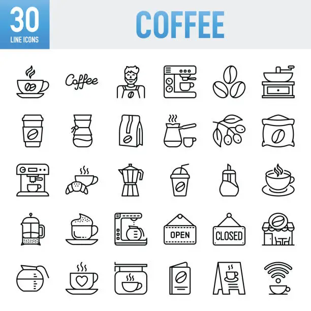 Vector illustration of Coffee - Thin line vector icon set. Pixel perfect. For Mobile and Web. The set contains icons: Coffee - Drink, Coffee Break, Cafe, Cup, Drink, Coffee Shop, Cafeteria