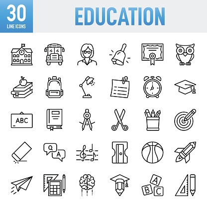 Education Line Icons. Set of vector creativity icons. 64x64 Pixel Perfect. For Mobile and Web. The set contains icons: Idea generation preparation inspiration influence originality, concentration challenge launch. Contains such icons as Education, Learning, University, Studying, Student, Teaching, School Supplies, Education Training Class, Back to School, Wisdom, Book, Science, Graduation, Diploma, Mathematical Symbol, Mathematics, Backpack, Reading, Teacher, Brain, Pencil, Ruler