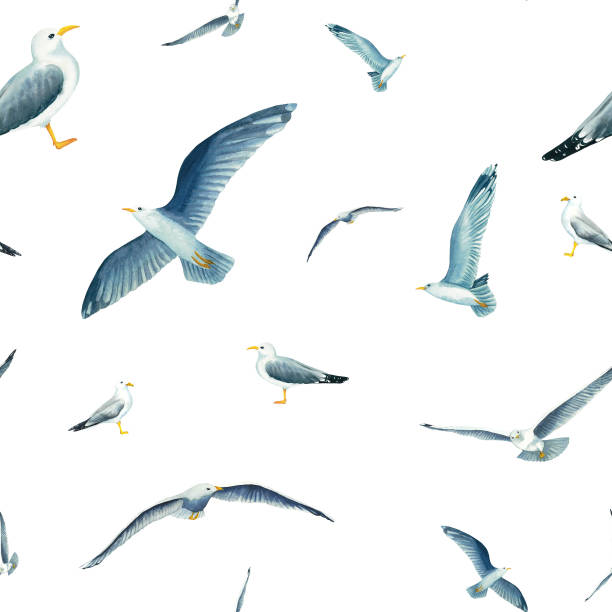 istock Seamless pattern with flying in the sky seagulls in watercolor isolated on white background. Hand drawn illustration on the theme of sea fishing. Children's, marine, tourist. For design, prints, patterns, postcards 2148632881