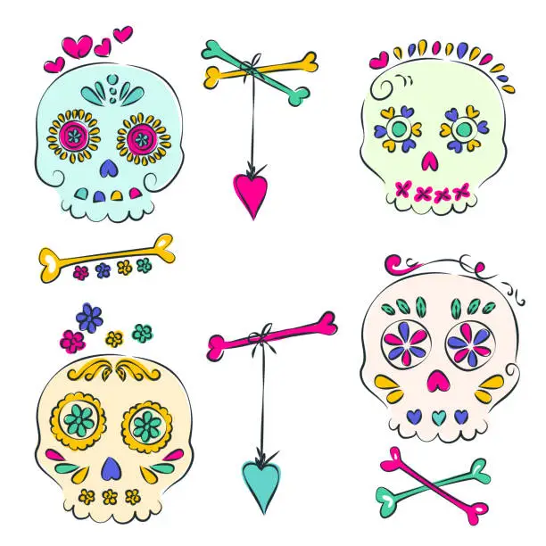 Vector illustration of Cute Day Of The Dead Skull On A Transparent Background