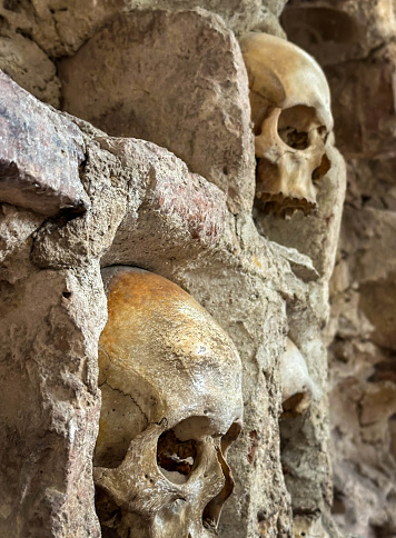 Skull Tower (Cele kula), a stone structure embedded with human skulls  constructed by the Ottoman Empire 1809; detail of a row of skulls