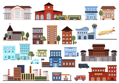 Set of various flat urban building icons. Isolated municipal courthouse, hospital, fire station, police, airport, factory, post office, pharmacy, bank on a white background. Vector illustrations.