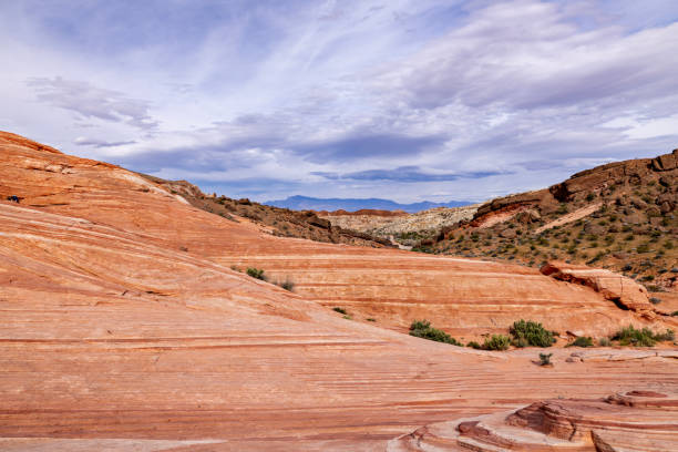 Swirling orange and white strips on the Fire Wave trail at Nevada's oldest state park, Valley of Fire.