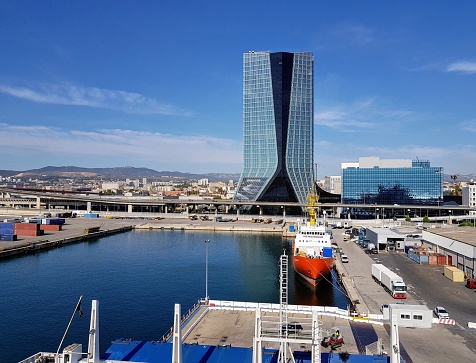 July 7, 2023 Marseille (France). The CMA CGM Tower is a 147-metre (482 ft) tall skyscraper in Euroméditerranée, the central business district of Marseille, France. Designed by Zaha Hadid, it is the headquarters for CMA CGM