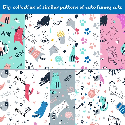 Big collection of similar pattern of cute funny cats isolated sitting, laying, hiding in box. Flat cartoon style. Vector illustration. For packaging paper, textile