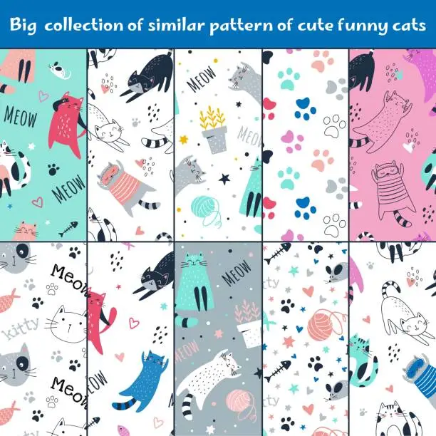 Vector illustration of Big collection of similar pattern of cute funny cats isolated sitting, laying, hiding in box. Flat cartoon style. Vector illustration. For packaging paper, textile