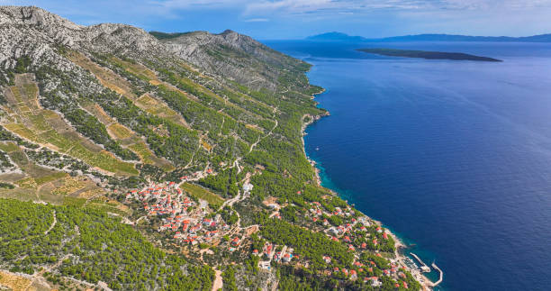 istock AERIAL: Charming coastal village in Adriatic with vineyards ascending hillside 2148637659
