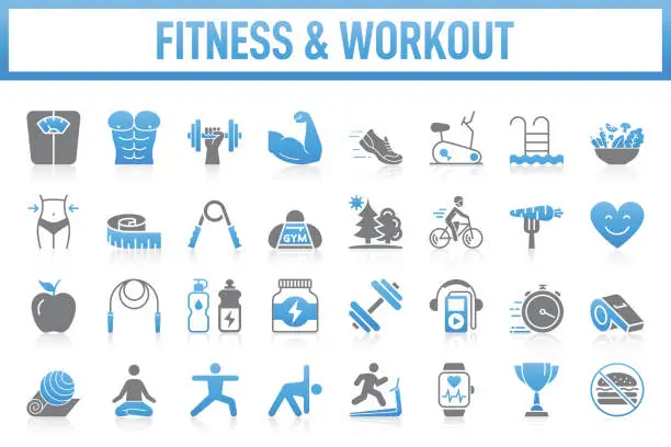 Vector illustration of Modern Fitness & Workout Icons Collection. The set contains icons: Healthy Lifestyle, Exercising, Sport, Healthy Eating, Gym, Wellbeing, Dieting, Healthcare And Medicine, Weight Scale, Lifestyles, Running, Yoga