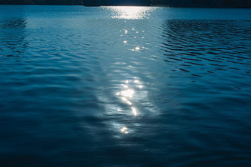 The sparkling lake surface under the sunlight