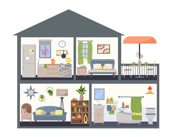 Vector illustration of Detailed modern interior. Cottage in section. Dollhouse interior concept. Furnished rooms. Hallway and kitchen.