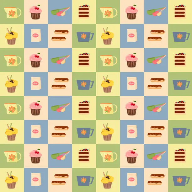 Vector illustration of Pattern with baked goods and utensils. Celebration atmosphere.