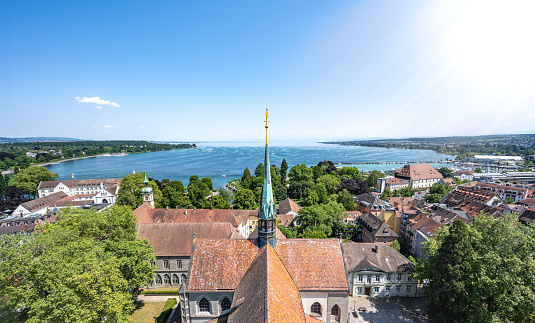 Description: Panoramic view from the Cathedral of Our Lady to the cathedral square, the Konzil and the harbour, the Steigenberger Indelhotel and the lake on a sunny summer day. Constance, Lake Constance, Baden-Württemberg, Germany, Europe.