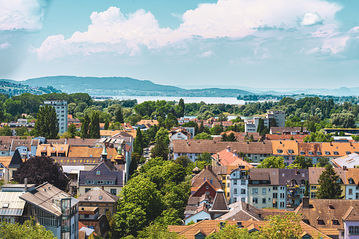 View of the city centre, Untersee and the island of Reichenau from the cathedral on a sunny summer's day. Constance, Lake Constance, Baden Württemberg, Germany, Europe.