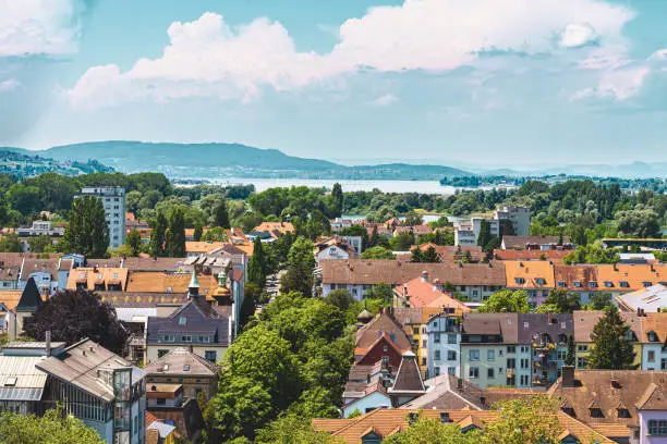 Description: View from the cathedral to the city centre, the Untersee and the island Reichenau on a sunny summer day. Constance, Lake Constance, Baden Württemberg, Germany, Europe.