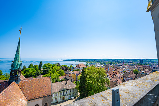 Description: View from the Cathedral of Our Lady to the Council and the harbour on a sunny summer day. Constance, Lake Constance, Baden Württemberg, Germany, Europe.