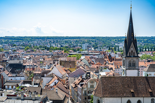 Description: View from the cathedral to the old town and St Stephen's Church on a sunny summer day. Constance, Lake Constance, Baden Württemberg, Germany, Europe.