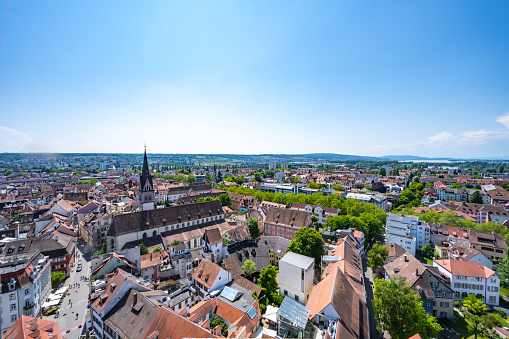 Panoramic view from Our Lady's Minster of the old town with St Stephen's Church and the Paradise on a sunny summer's day. Constance, Lake Constance, Baden Württemberg, Germany, Europe.