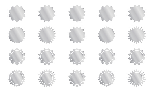 Set of silver round stickers with wiggly and zigzag borders. Shining quality labels, badges, price tags, sale promotions, seal stamps with wavy edges isolated on white background. Vector illustration.