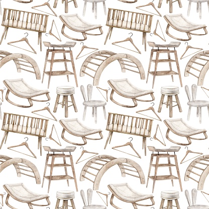 Watercolor pattern with furniture, crib, rocking chair, climbing frame, chair, changing table on a white background. Isolated hand drawn illustration for children's interior, cards, textiles, design