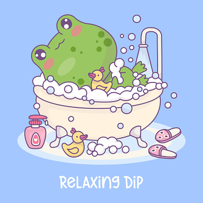 Cute relaxed frog bathes in bath with foam and rubber duck toy. Cartoon kawaii animal character. Vector illustration. Kids collection. Funny card water treatments in bathroom