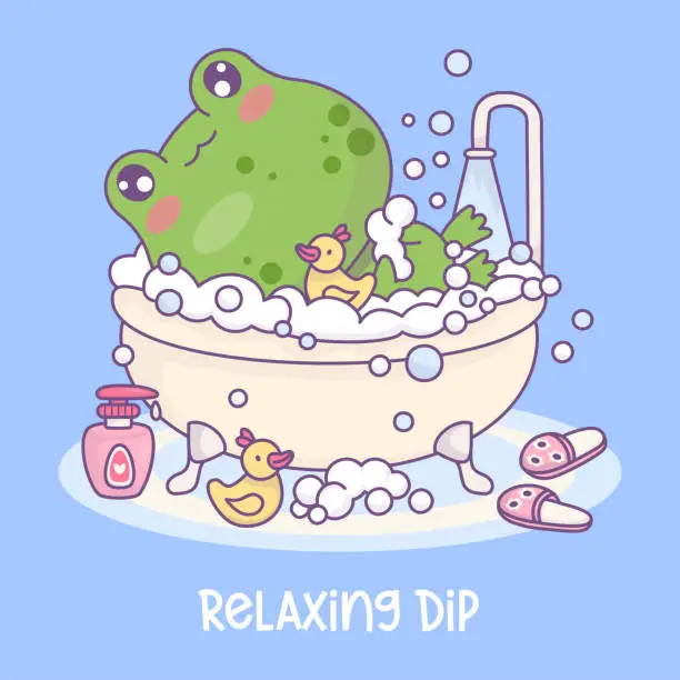 Vector illustration of Cute relaxed frog bathes in bath with foam and rubber duck toy. Cartoon kawaii animal character. Vector illustration. Kids collection. Funny card water treatments in bathroom.