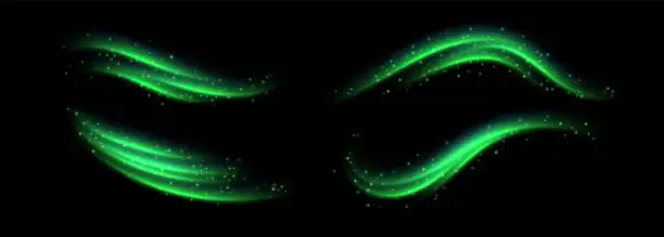 Vector illustration of Green speed lines, light in motion, glowing light trails with sparkles. Bright motion effect, luminescent swirls.