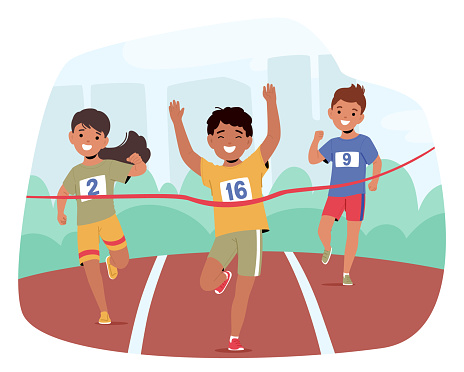 Children Characters Eagerly Dash Across The Stadium Track, Boy Crossing the Finish Line In A Thrilling Kids Racing Competition Filled With Joy And Youthful Energy. Cartoon People Vector Illustration
