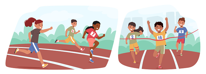 Children Characters Dash Across The Stadium Track, Their Laughter Echoing As They Race Towards The Finish Line, Fueled By Youthful Energy And Boundless Enthusiasm. Cartoon People Vector Illustration