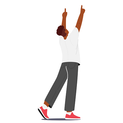 Black Man Gazes Upward, Both Hands Raised, He Points Skyward, His Fingers Directing Attention To The Unseen Above. Fascinated African Male Character Rear View. Cartoon People Vector Illustration