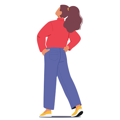 Curious Female Character Looking Upward Rear View. Woman Gazes Skyward, with Arms Akimbo, Neck Craned, Searching For Something Unseen Amidst The Vast Expanse Above. Cartoon People Vector Illustration