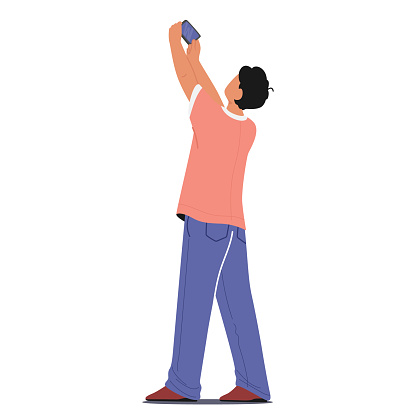 Man Shoots Upward With His Smartphone Rear View. Male Character Capturing The Sky Beauty Or Perhaps Documenting A Towering Structure Against The Backdrop. Cartoon People Vector Illustration