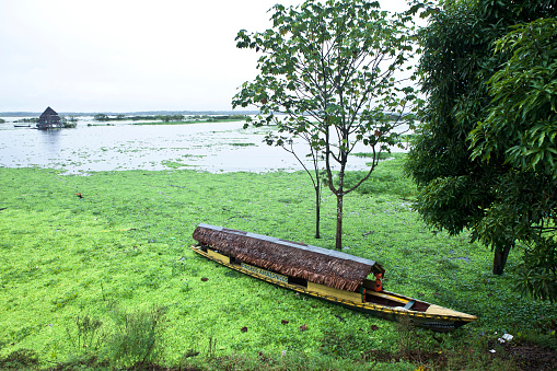Rustic canoe on the Peruvian Amazon.