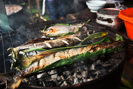 Fresh river fish grilling over banana tree leafs at a market in the town of Iquitos on the river Amazon