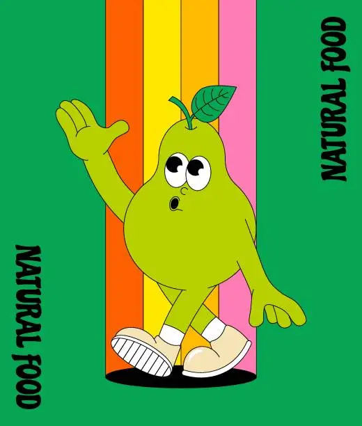 Vector illustration of Fruit summer character Pear. Retro groovy poster. Trendy funky comic mascot. Vector illustration 60s, 70s style.