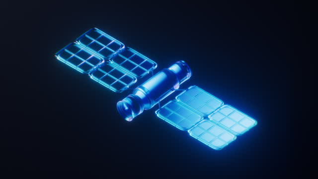 Loop animation of artificial satellite with dark neon light effect, 3d rendering.