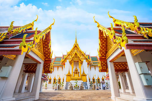 Bangkok, Thailand - September 23 2020: The Grand Palace built in 1782, made up of numerous buildings, halls, pavilions set around open lawns, gardens and courtyards