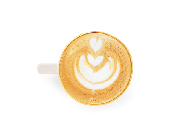 istock Top view, flat lay hot latte coffee with art heart shape in white ceramic mug with brown rim isolated on white background. 2148652736