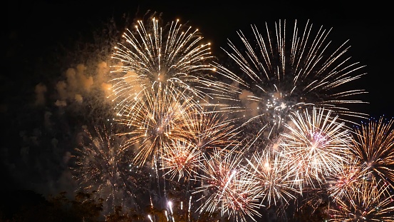 Golden Firework celebrate anniversary independence day night time celebrate national holiday. Countdown to new year 2024 party time event. Happy new year 2025, 4th of july holiday festival concept